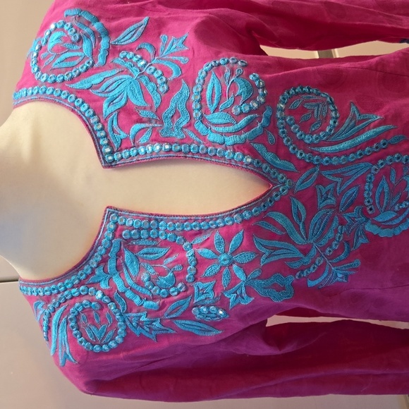 Sulu Collection Sabrina Cotton Boho Embroidered Tunic Pink & Turquoise Size 6 - Picture 3 of 9